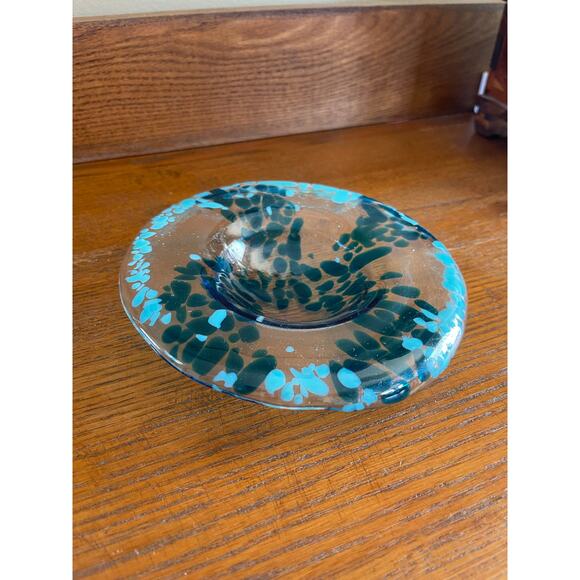 Hand Blown Art Glass Shallow Bowl Blue and Teal Speckled Swirl 6.5” Wide - Picture 9 of 10